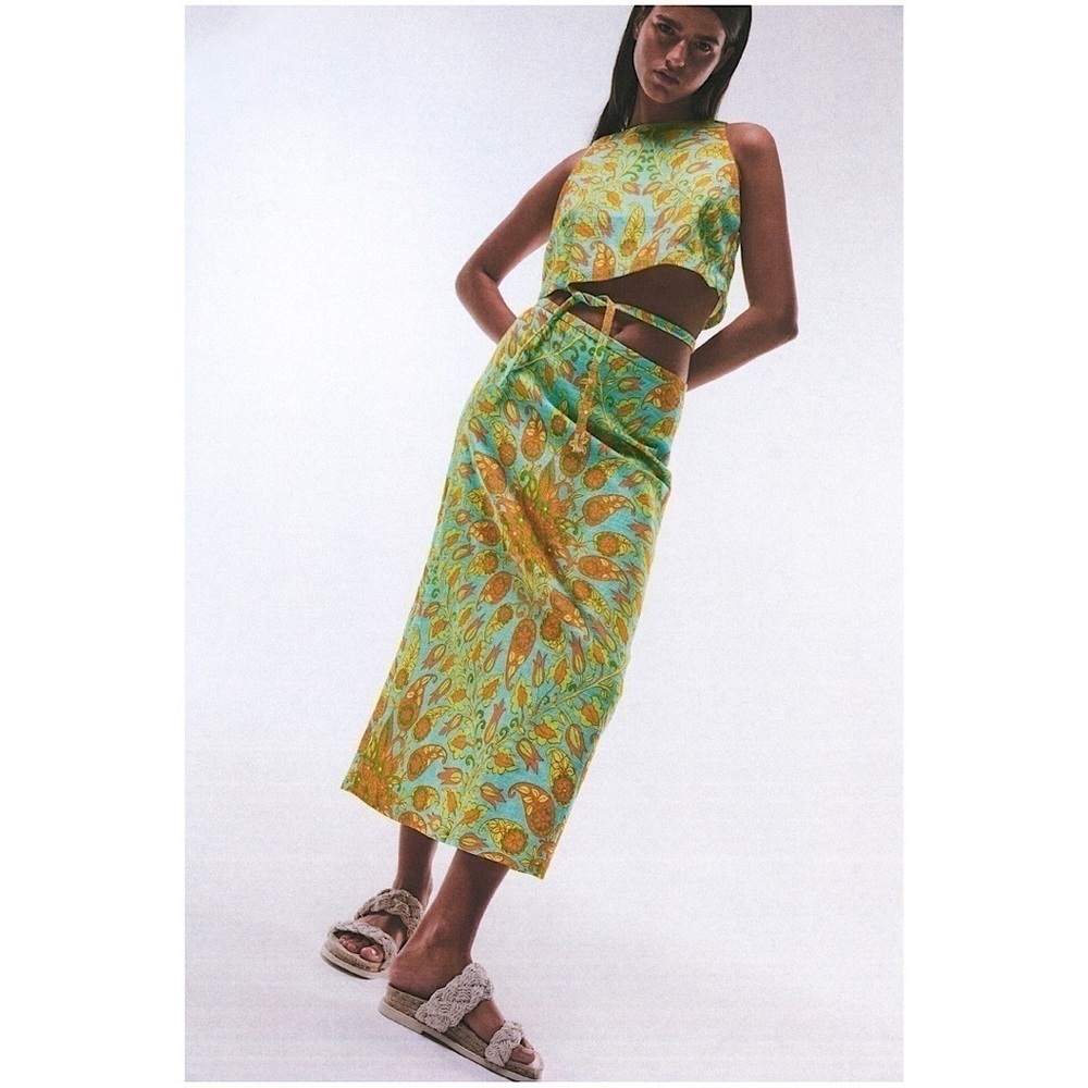 ZARA-PAISLEY Floral Tie Waist Detail Midi Skirt (Size:Small)